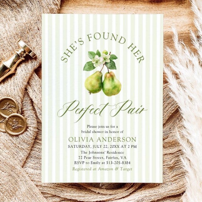 Modern Green Stripes Perfect Pair Bridal Shower Invitation (Modern Green Gingham Perfect Pear Bridal Shower Invitation)