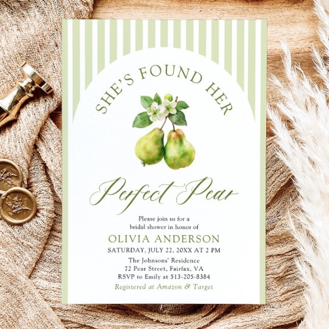 Modern Green Stripes Perfect Pear Bridal Shower Invitation (Modern Green Gingham Perfect Pear Bridal Shower Invitation)