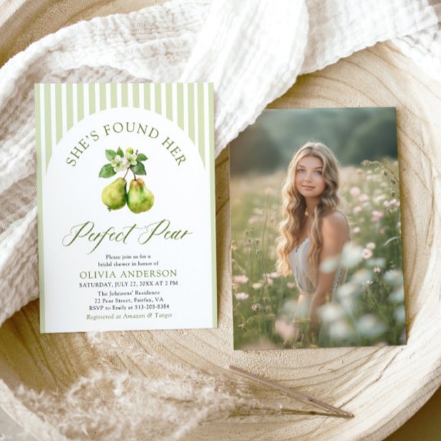 Modern Green Stripes Perfect Pear Bridal Shower Invitation (Modern Green Gingham Perfect Pear Bridal Shower Invitation)