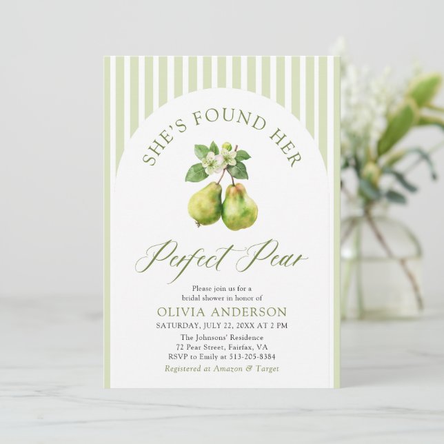 Modern Green Stripes Perfect Pear Bridal Shower Invitation (Standing Front)