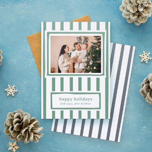 Modern Green Stripes Photo Happy Holidays Letterpress Photo Cards