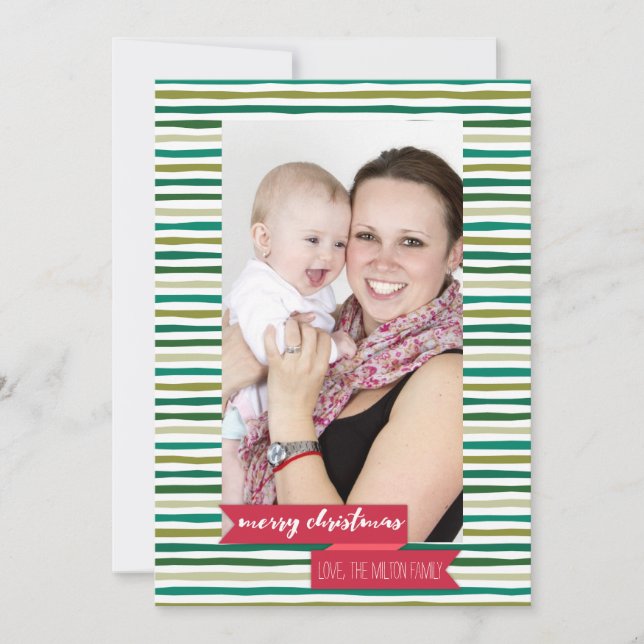 Modern Green Stripes - Photo Holiday Card (Front)