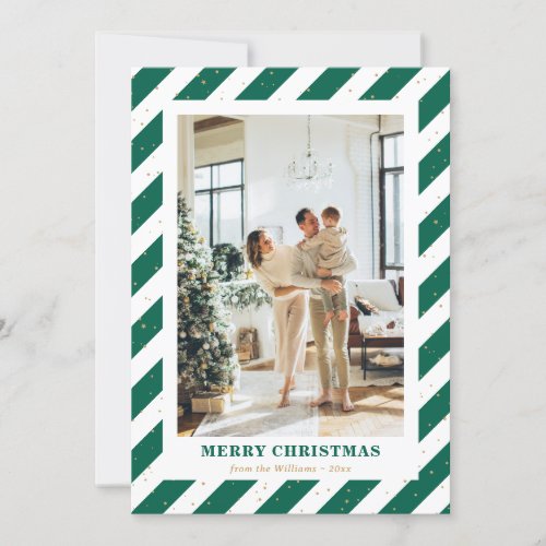 Modern Green Stripes Photo Merry Christmas Card