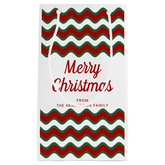 Modern Green Stripes Script Christmas  Small Gift Bag (Front)