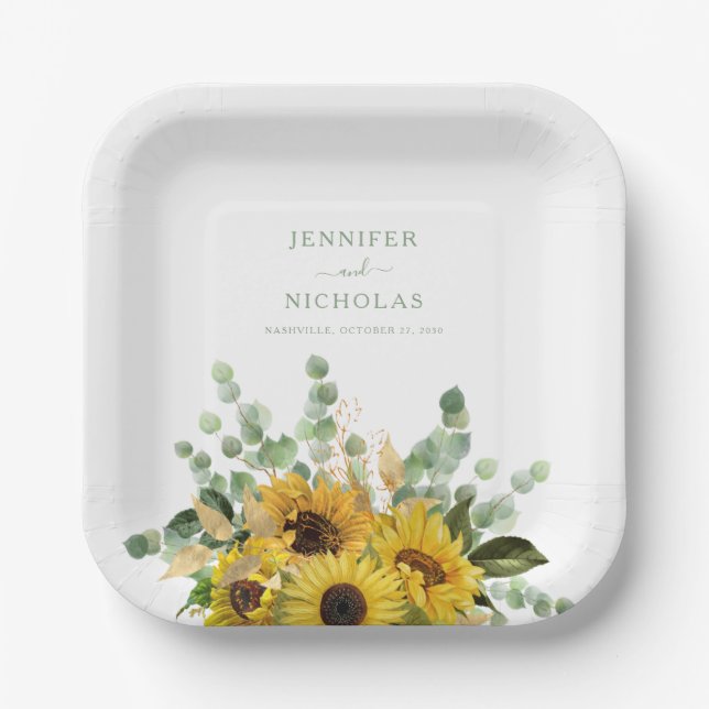 Modern Green Sunflower Wedding   Paper Plates (Front)