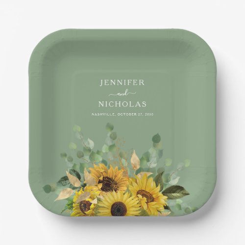 Modern Green Sunflower Wedding   Paper Plates
