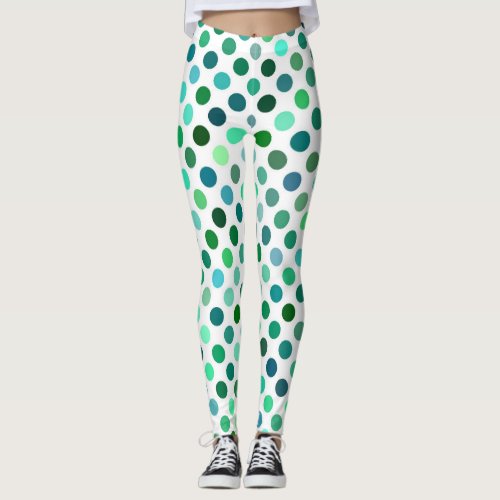 Modern green teal lime polka dots on white leggings