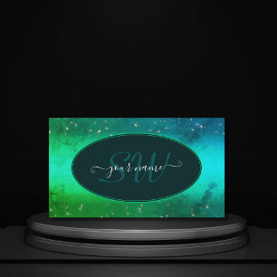 Modern Green Teal Sparkling Glitter Stars Initials Business Card