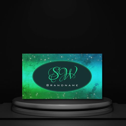 Modern Green Teal Sparkling Glitter Stars Monogram Business Card