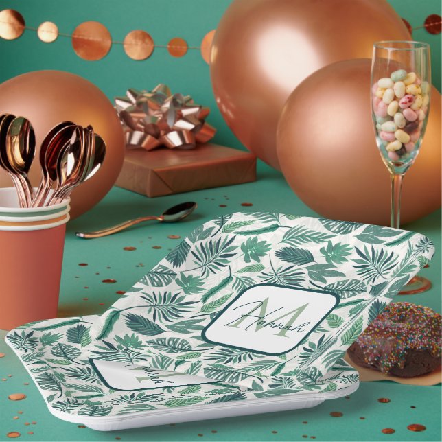 Modern Green Teal Tropical Leaves Design Paper Plates (Multi)