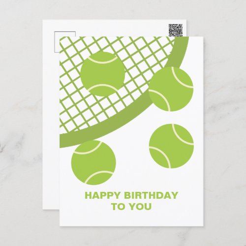 Modern Green Tennis Ball Racket Happy Birthday Postcard