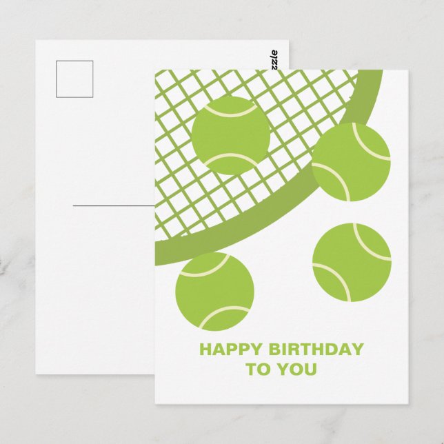 Modern Green Tennis Ball Racket Happy Birthday Postcard (Front/Back)