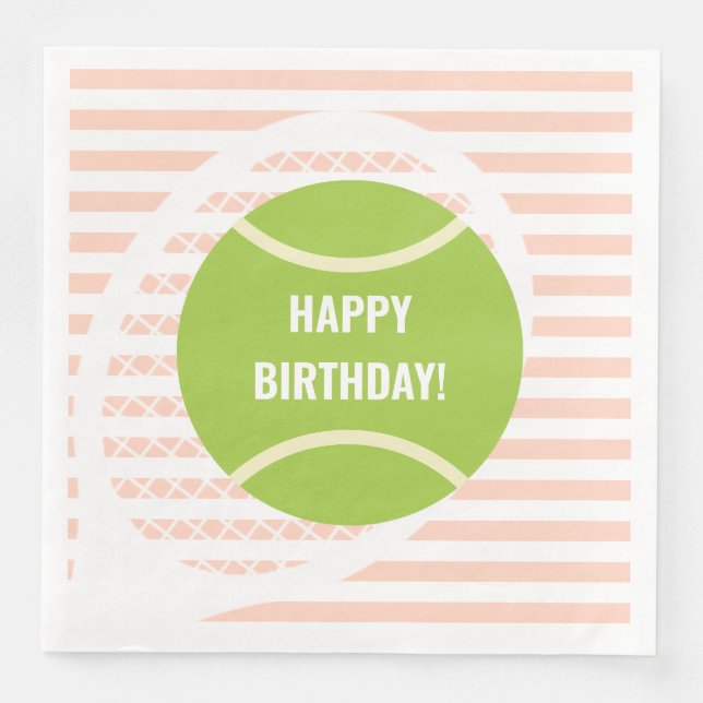 Modern Green Tennis Ball Striped Birthday Pink Paper Dinner Napkins (Front)