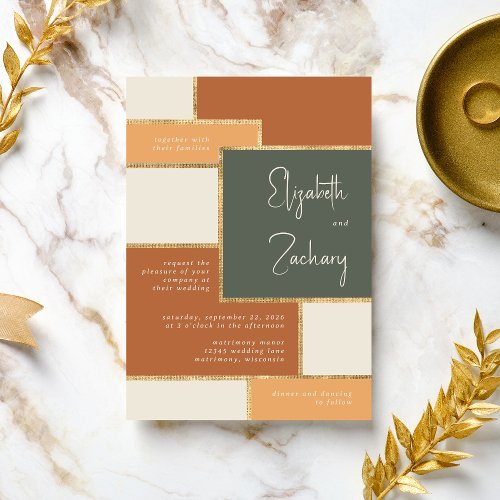 Modern Green Terracotta Peach Cream Gold Wedding Invitation