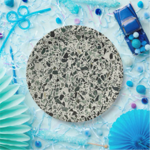 Modern Green Terrazzo Pattern Abstract Paper Plates