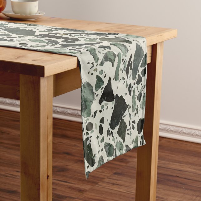 Modern Green Terrazzo Pattern Abstract Short Table Runner (In Situ)