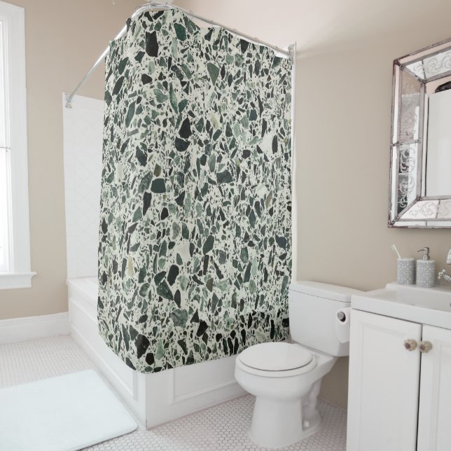 Modern Green Terrazzo Pattern Abstract Shower Curtain (In Situ)