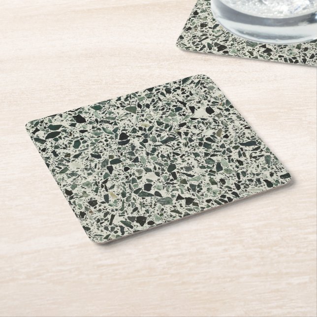 Modern Green Terrazzo Pattern Abstract Square Paper Coaster (Angled)