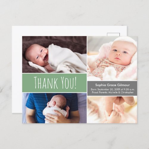 Modern Green Thank you Baby Girl photo Collage Announcement Postcard