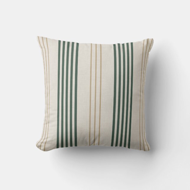Modern Green Ticking Stripe Linen Texture Throw Pillow (Front)