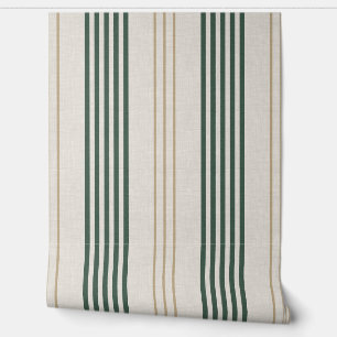 Modern Green Ticking Stripe Linen Texture Wallpaper