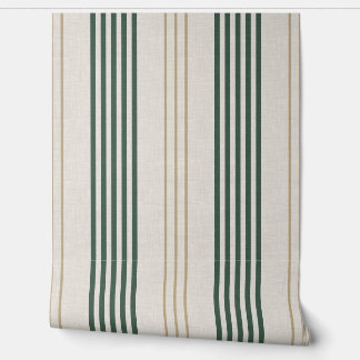 Modern Green Ticking Stripe Linen Texture Wallpaper