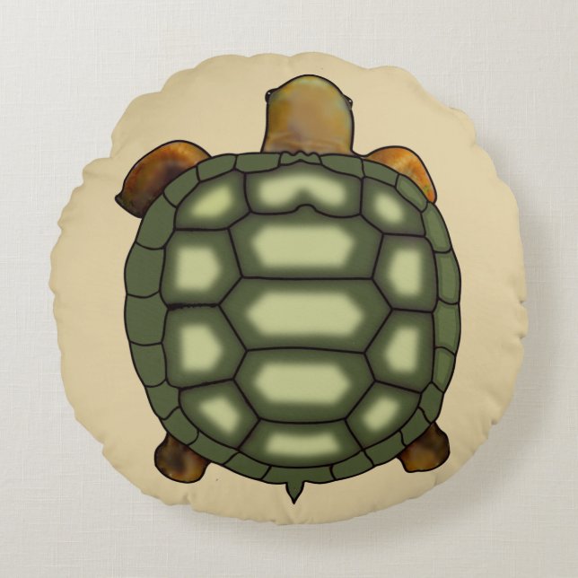 Modern Green Tortoise on Beige Round Pillow (Front)