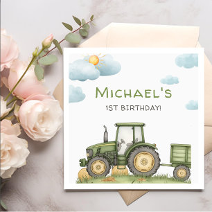 Modern Green Tractor 1st Birthday Party Napkins