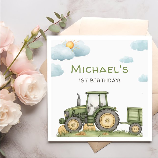 Modern Green Tractor 1st Birthday Party Napkins (Creator Uploaded)