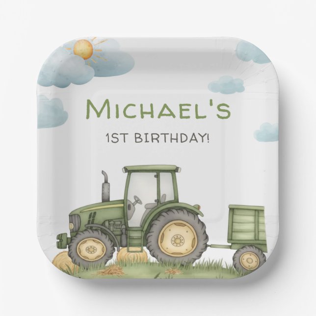 Modern Green Tractor 1st Birthday Party Paper Plates (Front)