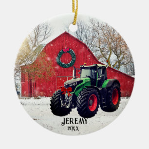 Modern Green Tractor "Christmas 20XX" Ceramic Ornament
