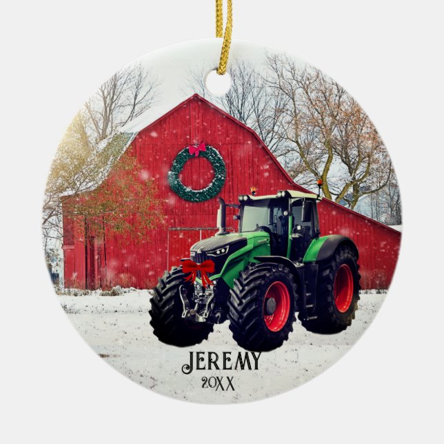  Modern Green Tractor "Christmas 20XX" Ceramic Ornament (Front)