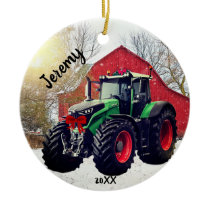 Modern Green Tractor "Christmas 20XX" Ceramic Ornament