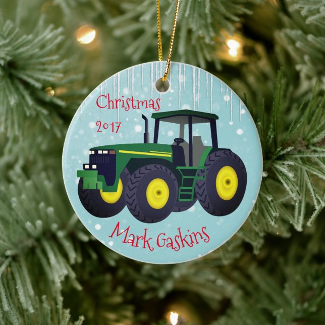 Modern Green Tractor "Christmas 20XX" Ceramic Ornament (Tree)