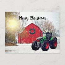 Modern Green Tractor in Barnyard Christmas  Postcard