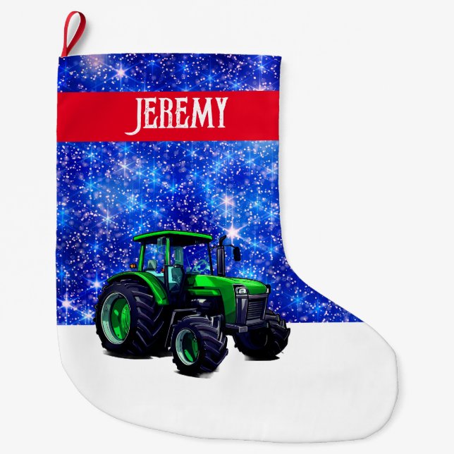 Modern Green Tractor on Blue Large Christmas Stocking (Front)