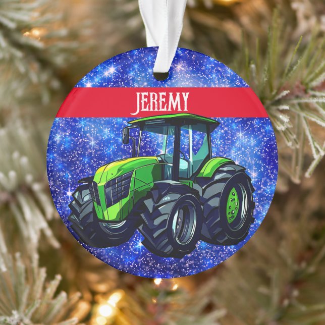 Modern Green Tractor on Blue Ornament (Tree)