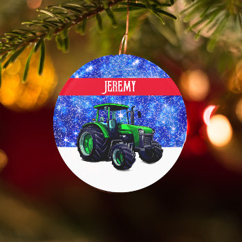 Modern Green Tractor On Blue Ornament by DakotaInspired at Zazzle