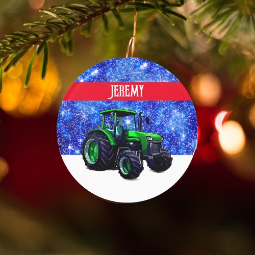 Modern Green Tractor on Blue Ornament