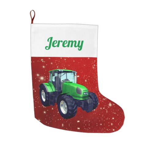Modern Green Tractor on Red Large Christmas Stocking