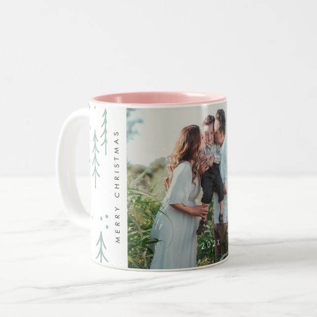 Modern Green Tree Family Photo Holiday Two-Tone Coffee Mug (Front Left)