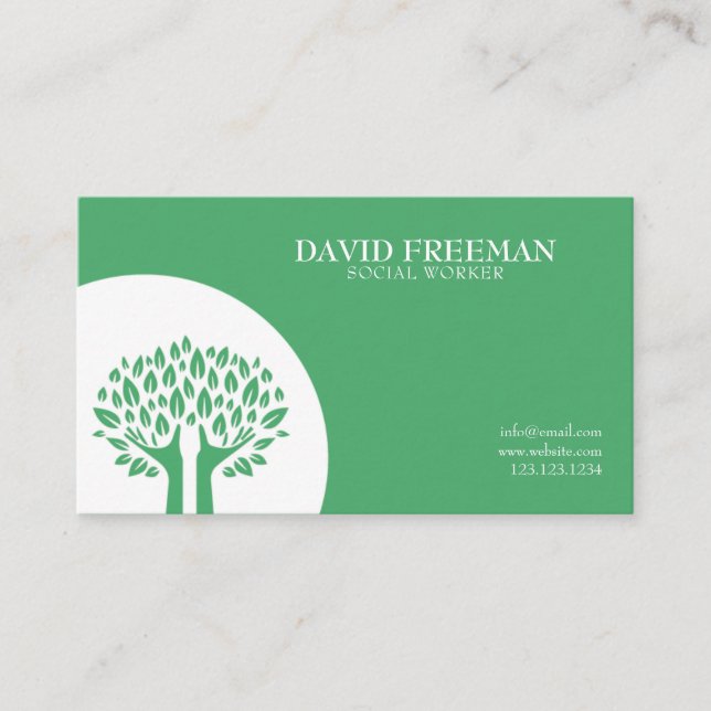 Modern Green Tree Leaves Social Work Business Card (Front)