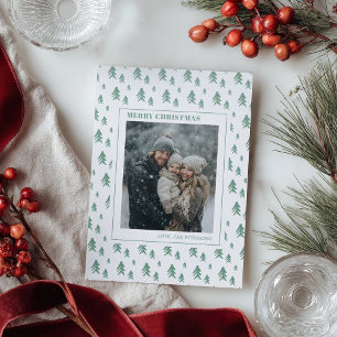 Modern Green Trees Pattern Ribbon Christmas Photo Letterpress Photo Cards