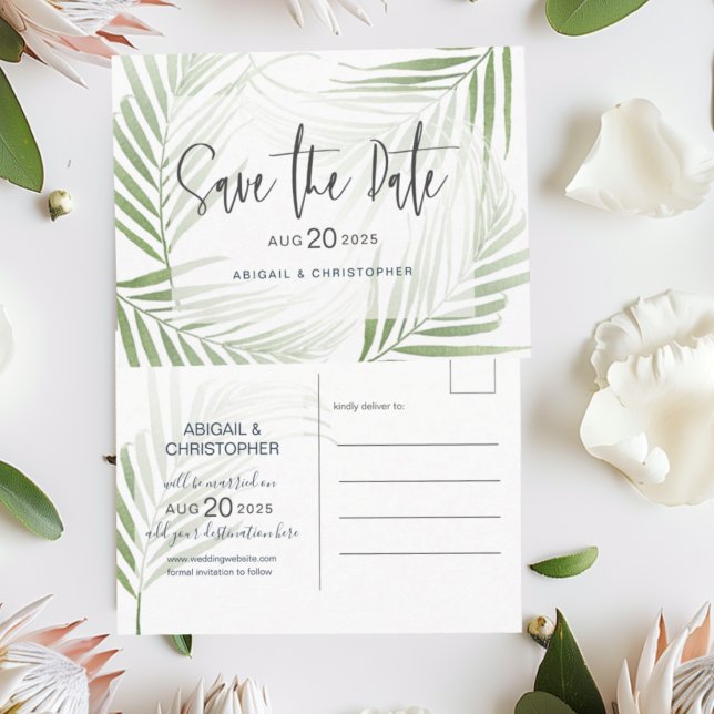 Modern Green Tropical Foliage Save the Date Postcard (Creator Uploaded)