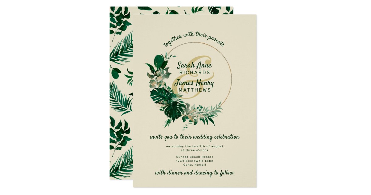 Modern Green Tropical Leaf Circle Wreath Wedding Invitation Zazzle Com