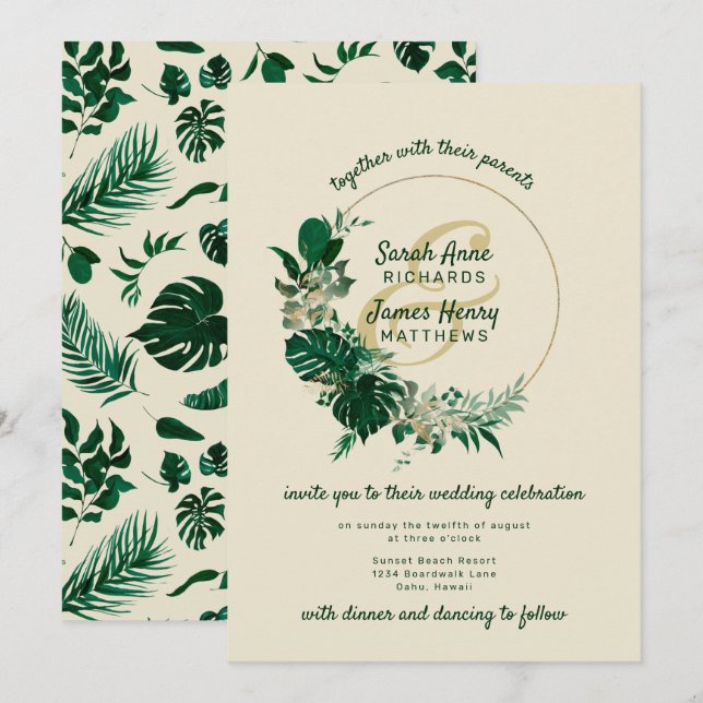 Modern Green Tropical Leaf Circle Wreath Wedding Invitation (Front/Back)