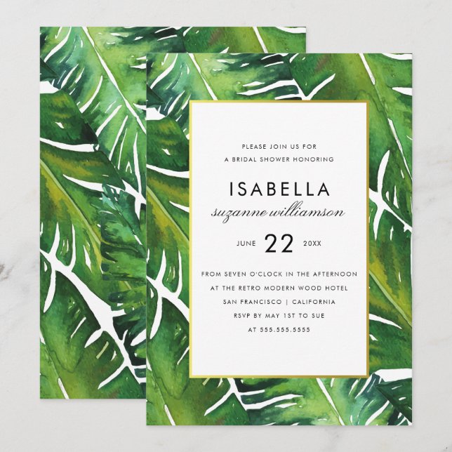 Modern Green Tropical Leaves Bridal Shower Invitation (Front/Back)
