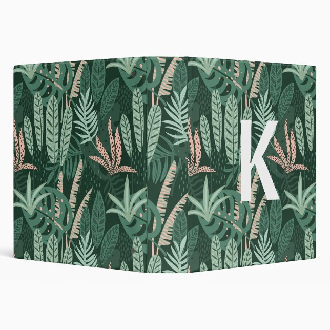 Modern Green Tropical Leaves Pattern Monogram   3 Ring Binder (Background)