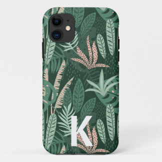 Modern Green Tropical Leaves Pattern Monogram iPhone 11 Case