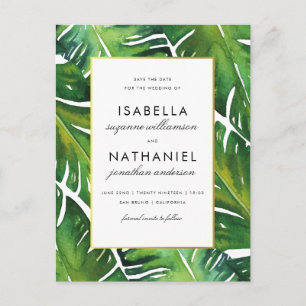 Modern Green Tropical Leaves Save The Date Announcement Postcard